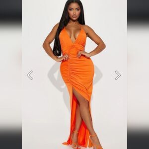 Fashion Nova Sabrina Bright Orange Ruched Maxi Dress S Plunge V & Leg Slit S